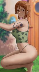 1girls big_ass big_breasts big_butt blush crouching female female_only g-string large_breasts looking_at_viewer nami one_piece orange_eyes orange_hair savagexthicc short_hair solo solo_female squatting tattoo thick thick_thighs thong voluptuous