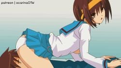 animated ass ass_on_face brown_eyes brown_hair edit facesitting female male ocarinaotw panties skirt suzumiya_haruhi white_panties