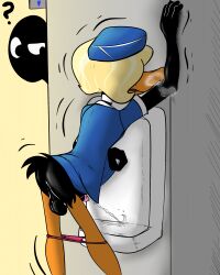 absurd_res anatid anseriform anthro avian being_watched bird bodily_fluids clothed clothing clothing_lift crossdressing daffy_duck desperation duck flaccid genital_fluids genitals hi_res illegaleel looking_at_another looney_tunes male male_only omorashi panties panties_down partially_clothed peeing penis perineum question_mark relieved shaking solo straight_hair toilet_use underwear underwear_down urinal urine urine_stream warner_brothers