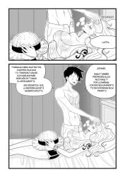 1boy 1girls black_and_white comic comic_page elizagmfn female greyscale male monkey_d_luffy monochrome nami one_piece short_hair spanish_dialogue spanish_text text