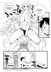 black_and_white comic comic_page cowgirl_position elizagmfn erection female greyscale male monkey_d_luffy monochrome nami one_piece spanish_dialogue spanish_text text topless topless_female