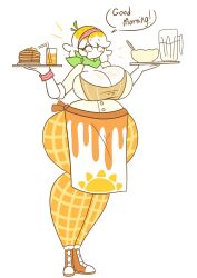 big_breasts bowl breasts female food food_creature maple_syrup oddly_bally orange_juice pancake sun syrup tagme waffles