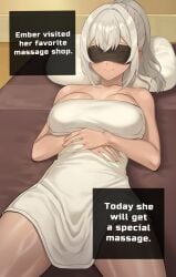 1girls big_breasts blindfold blonde_female blonde_hair cona_ember english_text kkamja light-skinned_female light_skin original solo solo_female tan-skinned_female text thick_thighs towel towel_only white_hair