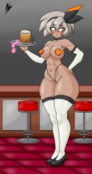 abs bea_(pokemon) blush breasts condom_wrapper covered_nipples gym_leader heart_pasties heels legwear mrn00b0d1 nipples pokemon pokemon_ss pokemon_trainer