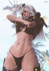 abs bikini eyewear_on_head female gayle_(nier) navel nier nier_(series) nier_reincarnation robotic_arm sixplusone tagme