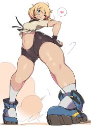 1boy androgynous blonde_hair blue_eyes bridget chris_(mario) femboy fingerless_gloves gloves guilty_gear guilty_gear_strive low-angle_view shiny_clothes shorts solo solo_focus spandex_shorts spoken_heart standing thick_thighs thigh thighs tight_clothing trap white_background wide_hips