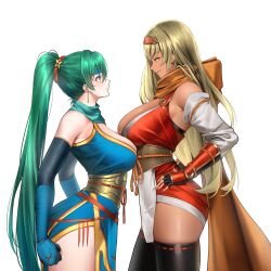 2girls absurdres alternate_costume blonde_female blonde_hair boots breasts brown_scarf commission dark-skinned_female dark_skin elbow_gloves female female_only fingerless_gloves fire_emblem fire_emblem:_the_binding_blade fire_emblem:_the_blazing_blade fire_emblem_heroes gloves green_eyes green_hair highres igrene_(fire_emblem) igrene_(ninja)_(fire_emblem) large_breasts long_hair looking_at_another lyn_(fire_emblem) lyn_(ninja)_(fire_emblem) mole mole_under_eye multiple_girls ninja nintendo non-web_source official_alternate_costume pelvic_curtain ponytail scarf shizuko_hideyoshi smile thigh_boots thighhighs thighs very_long_hair yellow_eyes