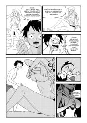 1boy 1girls black_and_white comic comic_page elizagmfn female greyscale male monkey_d_luffy nami one_piece spanish_dialogue spanish_text stripping text