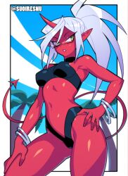 1girls bikini demon demon_girl female horn kneesocks_daemon navel panty_&_stocking_with_garterbelt red_skin silver_hair solo solo_female suoiresnu white_hair yellow_eyes