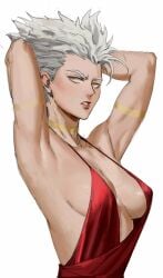 armpits arms_behind_head arms_up backless_outfit bare_shoulders breasts breasts_apart clenched_teeth covered_erect_nipples dress dudlesnoodles erect_nipples erect_nipples_under_clothes evening_gown eyebrows eyelashes female female female_only garou_(one-punch_man) genderswap_(mtf) grey_hair halter_dress halterneck high_resolution jewelry lipstick looking_at_viewer makeup medium_breasts nipples no_bra one-punch_man open-back_dress pink_lips pointy_hair red_dress rule_63 sideboob simple_background solo teeth upper_body very_high_resolution white_background yellow_eyes