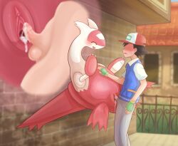 after_sex bodily_fluids clothed clothing cum cum_in_pussy cum_inside duo elonga faceless_male female genital_fluids genitals human_on_feral latias legendary_pokémon male male/female male_human/female_feral male_human/female_pokemon male_on_feral nintendo outside penis pokemon pokemon_(species) pussy red_body satoshi_(pokemon) video_games