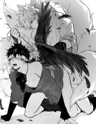 2boys all_fours anal anal_sex blindfold blush bound doggy_style feathered_wings feathers feiqiuxuan fox_boy fox_ears fox_spirit fox_tail from_behind gay gintama gintoki_sakata hijikata_toshiro implied_anal implied_sex japanese_clothes kimono kitsune kyuubi male male_only monochrome multiple_tails official_alternate_costume open_kimono open_mouth rope sweat tengu wings yaoi youkai