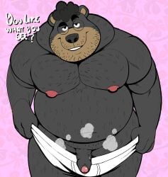 anthro body_hair briefs clothing dialogue eyewear foreskin genitals glasses hi_res looking_at_viewer male mammal musk overweight overweight_male penis pulling_underwear slightly_chubby solo spazz_bear steve_jovonovich underwear ursid white_briefs white_clothing white_underwear