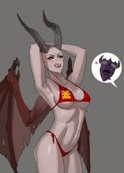 1girls bikini blush breasts chaos_(warhammer) chaos_daemon daemon female female_only horn pinup revealing_clothes smokedpaprika solo solo_female speech_bubble valkia_the_bloody warhammer_(franchise) warhammer_fantasy wings