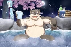 anthro balls bathing belly canid canine canis domestic_dog eyebrows flaccid fur genitals grey_body grey_fur hi_res hot_spring lifewonders male male_only mammal moritaka navel nude pecs penis scar shadowninja976 solo thick_eyebrows tokyo_afterschool_summoners video_games water