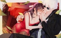 1boy 1girls blue_eyes clothed drinking_glass drunk female high_slit_dress hips jujutsu_kaisen kissing_hand leaning_on_person male painted_nails pantyhose red_dress satoru_gojo short_dress slit_dress straight suit suit_and_tie utahime_iori white_hair