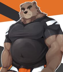 2022 anthro black_nose blush brown_body brown_fur bulge clothing fur genital_outline hi_res kemono kumao male mammal musclegut penis_outline shirt solo topwear ursid