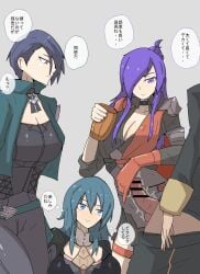 1boy 3girls alternate_breast_size alternate_version_available big_breasts blue_eyes blue_hair breasts byleth_(fire_emblem) byleth_(fire_emblem)_(female) censored choker cleavage color dialogue female female_focus fire_emblem fire_emblem:_three_houses fire_emblem_warriors:_three_hopes gloves hair_over_one_eye handjob jacket japanese_text kazushige large_breasts long_hair looking_at_penis male medium_hair mug multiple_girls nintendo notes_translation purple_eyes purple_hair shamir_nevrand shez_(female)_(fire_emblem) shez_(fire_emblem) short_hair smile straight teal_hair text translated