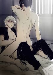 2boys anal anal_sex black_hair blush breath clothed_male_nude_male completely_nude covering_face covering_self cowgirl_position feet feiqiuxuan futon gay gintama gintoki_sakata hijikata_toshiro implied_anal indoors looking_at_another male male_only nude_male open_shirt pants_down soles straddling sweat tatami white_hair yaoi