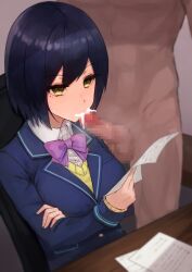 1boy arm_support black_hair bow bowtie clothed_female_nude_male cum cum_in_mouth ejaculation emotionless_sex fellatio female highres mole mole_under_eye multitasking nijisanji nude oral penis reading school_uniform shizuka_rin short_hair sitting solo_focus straight toima_(beat0829) virtual_youtuber yellow_eyes