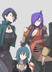 1boy 3girls blue_eyes blue_hair breasts byleth_(fire_emblem) byleth_(fire_emblem)_(female) censored choker cleavage female female_focus fire_emblem fire_emblem:_three_houses fire_emblem_warriors:_three_hopes gloves hair_over_one_eye handjob jacket kazushige large_breasts long_hair looking_at_penis male medium_hair mug multiple_girls nintendo purple_eyes purple_hair shamir_nevrand shez_(female)_(fire_emblem) shez_(fire_emblem) short_hair smile teal_hair