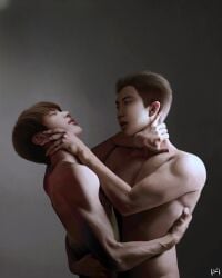 2boys abs asian asian_male ass big_lips brown_hair bts closed_eyes gay grey_hair hand_on_neck kim_nam_joon kim_seok_jin korean kpop muscular muscular_male naked nipples shirtless shirtless_(male) singer six_pack tagme white_body white_skin yaoi