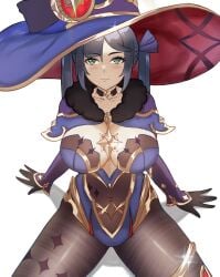 1girls armwear blue_eyes blush breasts cleavage clothing female female_only genshin_impact gloves hair hat headwear leggings legwear leotard medium_breasts mona_(genshin_impact) neckwear purple_hair smile solo solo_female thick_thighs thighs twintails voidmakerz witch_hat