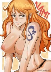 big_breasts breasts brown_eyes color colored female female_only long_hair nami nipples one_piece orange_hair phil96art post-timeskip solo_female tattoo white_skin