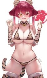 animal_ears animal_print bangs bare_shoulders bell bikini breasts chinese_zodiac cleavage commentary cowboy_shot donggua_bing_cha elbow_gloves female fur_trim gloves groin hair_between_eyes hair_ribbon hands_up heterochromia highres hololive hololive_fantasy hololive_japan houshou_marine jingle_bell legs_apart looking_at_viewer navel neck_bell oerba_yun_fang open_mouth red_eyes red_hair red_ribbon ribbon signature simple_background skin_fang solo string_bikini swimsuit tail thighhighs thighs tiger_ears tiger_print tiger_tail translated twintails underboob virtual_youtuber white_background year_of_the_tiger yellow_eyes