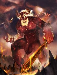 balls drawfag drawthread_request edit edited editfag elemental_creature elemental_humanoid elemental_manipulation fire fire_manipulation genitals male male_only penis retracted_foreskin surtr sword uncut unknown_artist