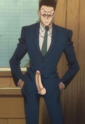 balls clothed edit edited editfag erection formal formal_wear genitals hunter_x_hunter leorio_paladiknight male male_only penis retracted_foreskin screencap screenshot screenshot_edit suit tie uncut unknown_artist