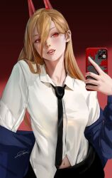 1girls blonde_female blonde_hair chainsaw_man clothing female female_only light-skinned_female navel pale-skinned_female phone power_(chainsaw_man) red_eyes selfie shirt solo solo_female tight_clothing zumi