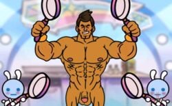 1boy 2others alien alien_bunny_(warioware) ambiguous_gender balls brown_body brown_skin closed_eyes drawfag drawthread_request edit edited flaccid flaccid_penis frying_pan genitals human male male_focus mario_(series) mr._sparkles_(warioware) muscular muscular_male penis rabbit retracted_foreskin screencap screenshot screenshot_edit smiling uncut unknown_artist unknown_gender warioware warioware_gold