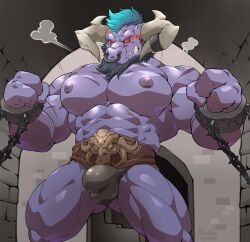 1boy alistar anthro beard big_muscles bovid bovine bulge chains clothing cuff_(restraint) european_mythology facial_hair facial_piercing greek_mythology handcuffs hi_res horn league_of_legends maldu male male_only mammal metal_cuffs minotaur muscular muscular_anthro muscular_male mythology nipples nose_piercing nose_ring pecs piercing purple_body red_eyes restraints ring_piercing riot_games solo spiked_chain underwear video_games