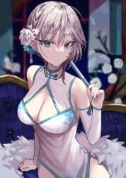 1girls anastasia anastasia_(idolmaster) artist_request blonde_female blue_eyes china_dress chinese_clothes cleavage_cutout dress fan folding_fan gloves hair_ornament hand_fan idolmaster idolmaster_cinderella_girls looking_at_viewer platinum_blonde silver_hair sitting tagme white_hair