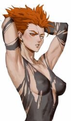 armpits arms_behind_head arms_up black_bodysuit blush bodysuit breasts breasts_apart clenched_teeth clothing colored_sclera covered_erect_nipples dudlesnoodles erect_nipples erect_nipples_under_clothes eyebrows eyelashes female female female_only garou_(one-punch_man) genderswap_(mtf) high_resolution looking_at_viewer medium_breasts nipples one-punch_man orange_hair orange_sclera pointy_hair rule_63 scar scar_on_face simple_background solo teeth torn_clothes upper_body very_high_resolution white_background yellow_eyes