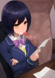 1boy arm_support black_hair bow bowtie clothed_female_nude_male cum cum_in_mouth cum_on_clothes emotionless_sex fellatio female highres mole mole_under_eye multitasking nijisanji nude oral penis reading school_uniform shizuka_rin short_hair sitting solo_focus straight toima_(beat0829) virtual_youtuber yellow_eyes