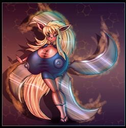 anthro blonde_hair breasts cleavage eeveelution female flareon hair hyper hyper_breasts innocenttazlet long_hair nipples orange pokemon sandals solo stockings tail