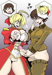 1boy big_penis blonde_hair body_swap brown_hair fate/extra fate/extra_ccc fate_(series) grabbing_own_breast hakuno_kishinami nero_claudius_(fate) onat onatart shocked