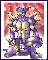 1boy balls black_penis dragon dragoneer_(character) erection fangs horns looking_at_viewer male male_only muscles penis purple scalie sciggles sheath solo tail