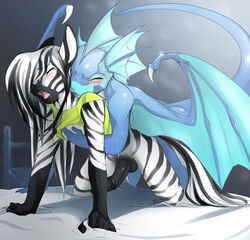 anal balls bed blush closed_eyes dragon equine erection gay hair long_hair male open_mouth penis peritian saliva scalie shirt stripes stripes_(character) sweat wings zebra