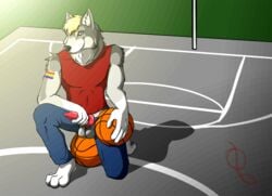 1boy 2010 anthro ashdragonfire athlete ball balls basketball basketball_court blonde_hair blue_eyes canine canine_penis color day digitigrade ear_tufts erection exposed fondling fur furry hair jeans kneeling knot looking_at_viewer male male_only muscles outdoors penis public rainbow smile solo tank_top tattoo undressed wolf