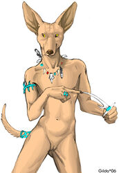 2006 animal_ears anthro color cuntboy dagger furry intersex jewelry necklace nude ring sanssouci solo standing tail tan white_background yellow_eyes