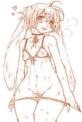 blush breasts censored dripping female flat_chest fur hair heart knock_roman lagomorph line_art long_ears monochrome nipples orange_and_white pussy rabbit solo standing translucent underwear undressing