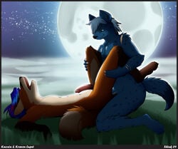 2009 anal anal_sex anthro blue canine closed_eyes couple cum fox fur furry grass green_eyes hair hyena knoxin kraven_lupei love male missionary_position moon moonlight night open_mouth penetration penis romantic scar shiuk spots spotted_hyena yaoi