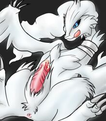 1boy anus balddumborat blue_eyes cum male male_only on_back penis pokemon reshiram solo tongue wings