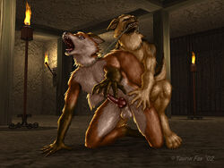 2002 anal anal_sex anthro balls canine canine_penis chains closed_eyes collar digitigrade erection fire fox fur furry furry_only gay knot male open_mouth penetration penis sex tail taurin_fox teeth tongue