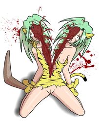 bisected blood boomerang bottomless cham_cham death feline female female_death flat_chest gore guro hair kneeling long_hair mammal pussy solo teal_hair vertical_cut white_background