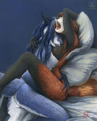 2010 2girls antarctica anthro ass bed black black_nose blue blue_hair breasts brown brown_hair candi canine claws countershading couple female fingering fox fur furry hair hair_over_eyes holding kacey long_hair mammal masturbation moan nipples nude open_mouth pillow red_panda reverse_countershading tail white_fur yuri