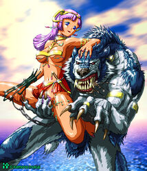 2002 admiration angry anthro armband blue blue_eyes breasts canine chains claws clouds collar couple dagger domination drool ear_piercing earring eyes fangs fantasy female femdom guarding hair horns human jewelry kemono kemono_inukai larger_male leash looking_at_viewer male muscles ocean piercing protective purple_hair pussy red_eyes ring saliva size_difference sky slave smaller_female snarl spread_legs spreading standing straight testicles water werewolf wolf